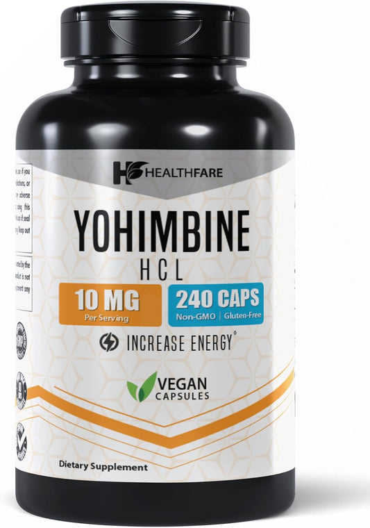 Yohimbine HCL Capsules - 10mg, 240 Count | Maximum Strength Formula, Gluten-Free, Non-GMO | Healthfare