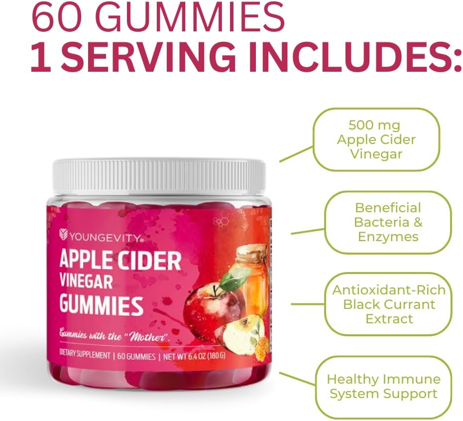 Youngevity Apple Cider Vinegar Gummies - 500mg with Raw ACV for Detox Cleanse and Immunity Support - 60 Gummy Vitamins