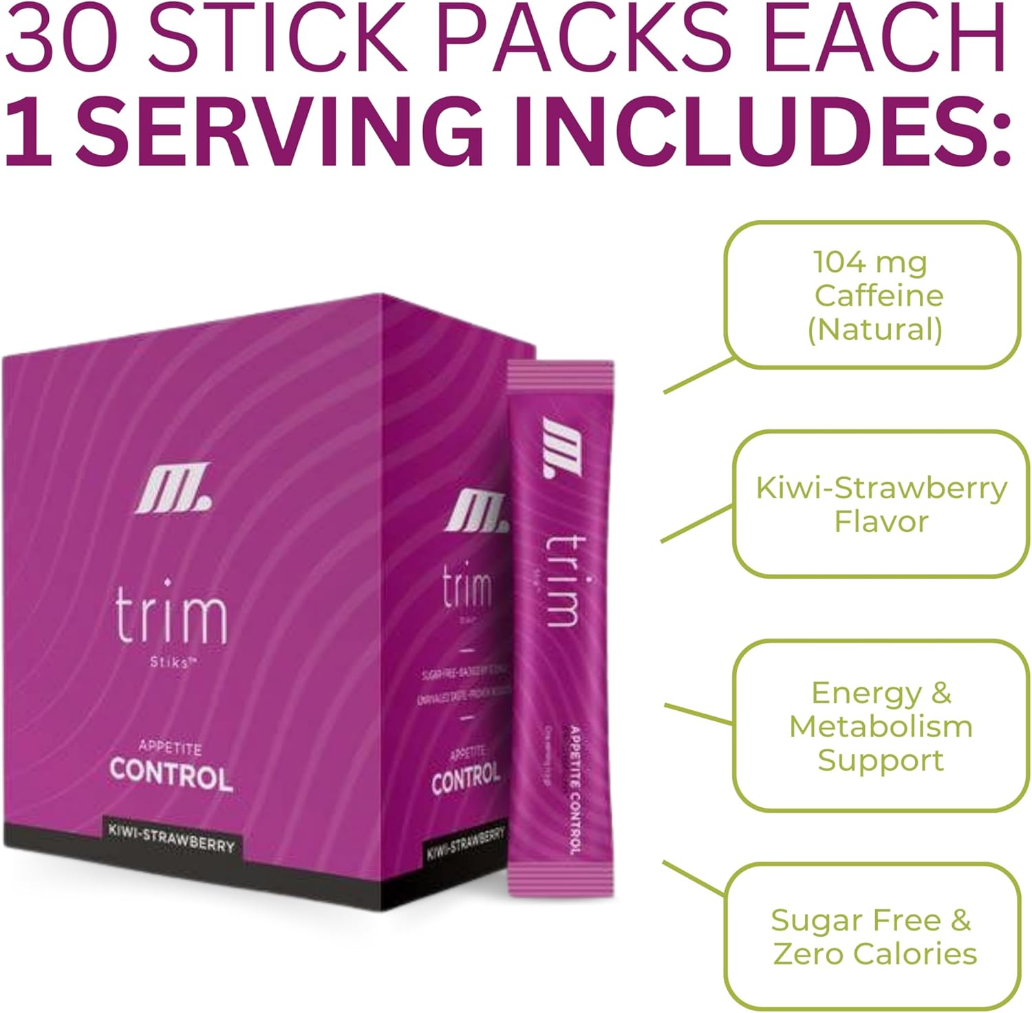 Youngevity Trim Stiks - Kiwi-Strawberry Flavor - Boost Energy, Focus, and Mood - Bioperine & Theobromine Powder - Appetite Control - 30 Sticks