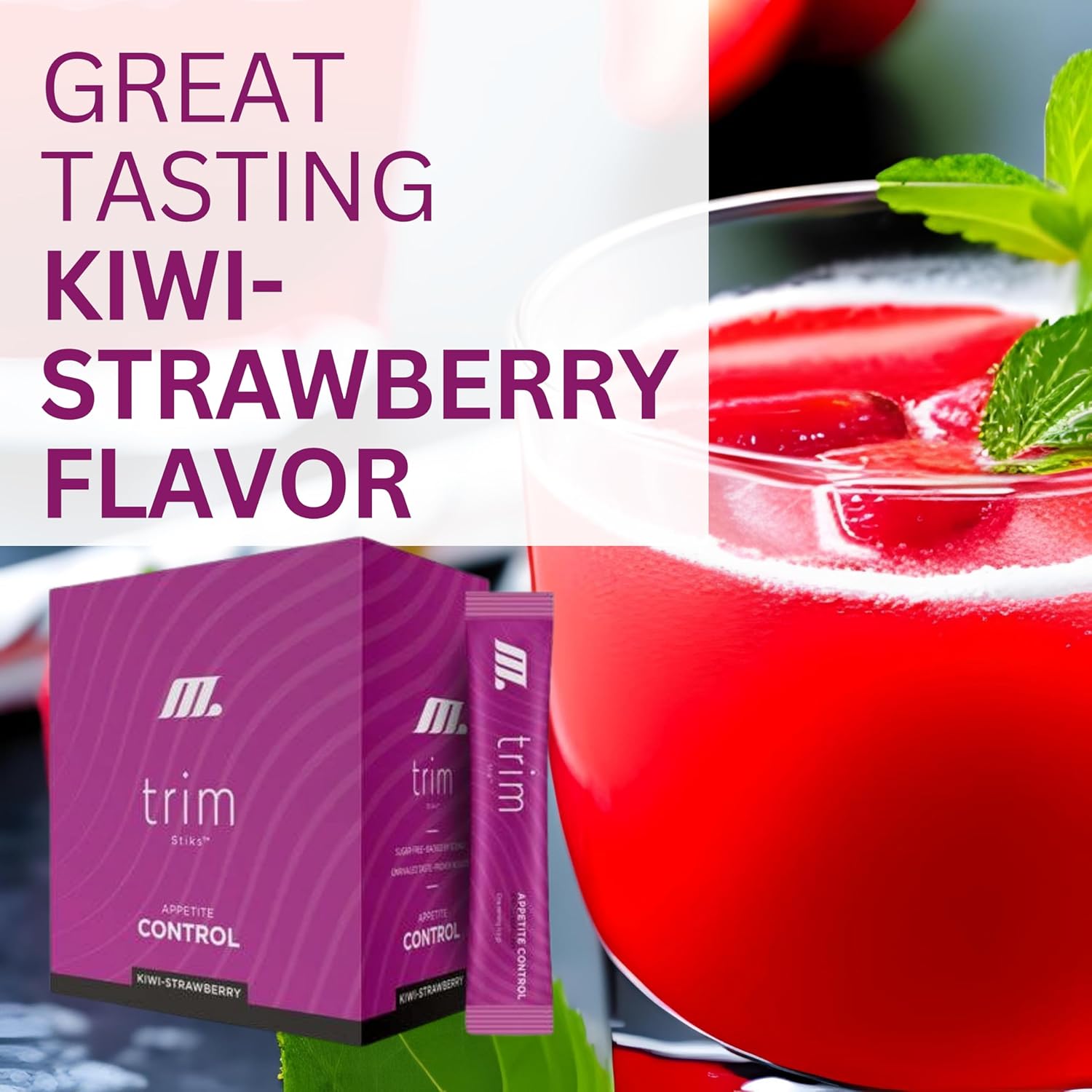 Youngevity Trim Stiks - Kiwi-Strawberry Flavor - Boost Energy, Focus, and Mood - Bioperine & Theobromine Powder - Appetite Control - 30 Sticks