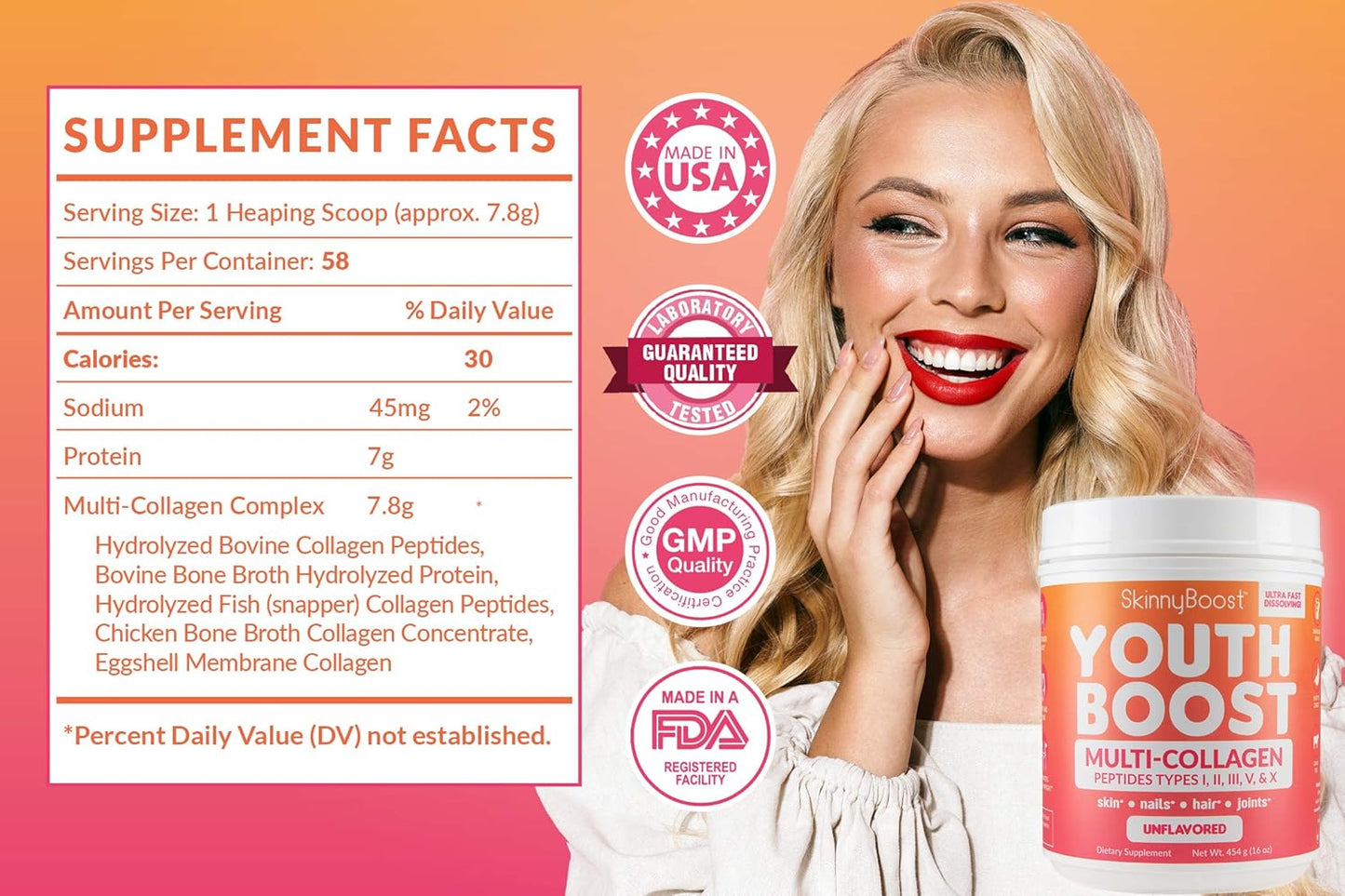 Youth Boost Advanced Multi-Collagen Powder - 5 Types of Hydrolyzed Collagen Peptides for Hair, Skin, Nails & Joints - Grass Fed, Keto Friendly - Unflavored