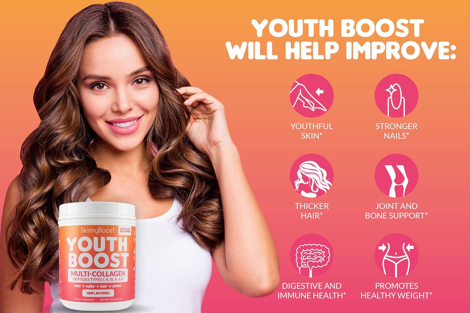Youth Boost Advanced Multi-Collagen Powder - 5 Types of Hydrolyzed Collagen Peptides for Hair, Skin, Nails & Joints - Grass Fed, Keto Friendly - Unflavored