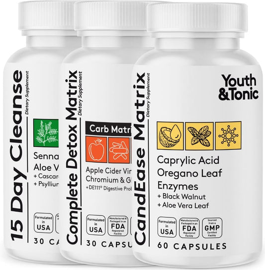 Youth & Tonic CandEase Matrix Fast Kit Bundle - Colon Cleanser & Detox - Caprylic Acid, Oregano, Protease, Cellulase Enzymes, Probiotics