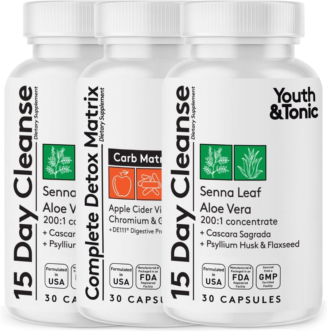 Youth & Tonic Colon Cleanser with Detox Matrix: Laxatives, Fibers, ACV, Chromium, Glucomannan for Waste Loss, Plateau Break, Bloating Relief