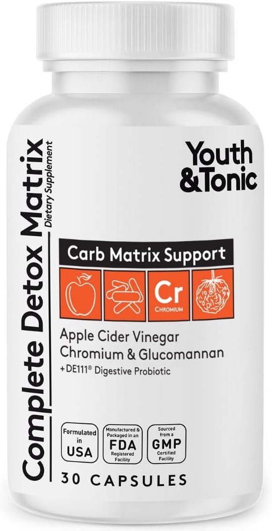 Youth & Tonic Detox Pills: Gut Cleanse & Carb Support with ACV, Glucomannan, Chromium - Body Detox & Digestive Health Supplement for Men & Women
