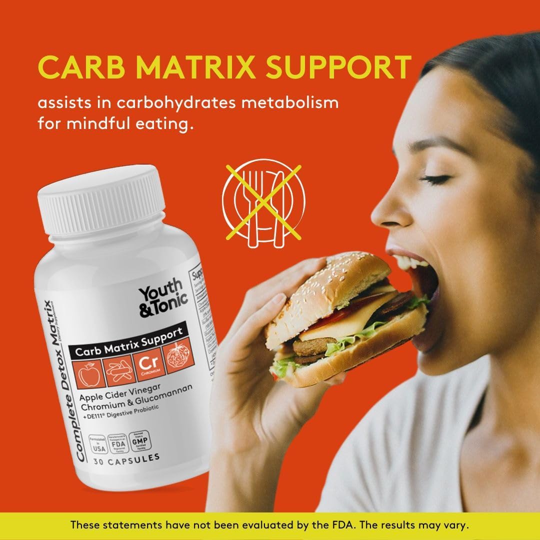 Youth & Tonic Detox Pills: Gut Cleanse & Carb Support with ACV, Glucomannan, Chromium - Body Detox & Digestive Health Supplement for Men & Women