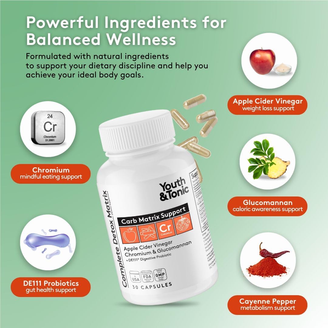 Youth & Tonic Detox Pills: Gut Cleanse & Carb Support with ACV, Glucomannan, Chromium - Body Detox & Digestive Health Supplement for Men & Women