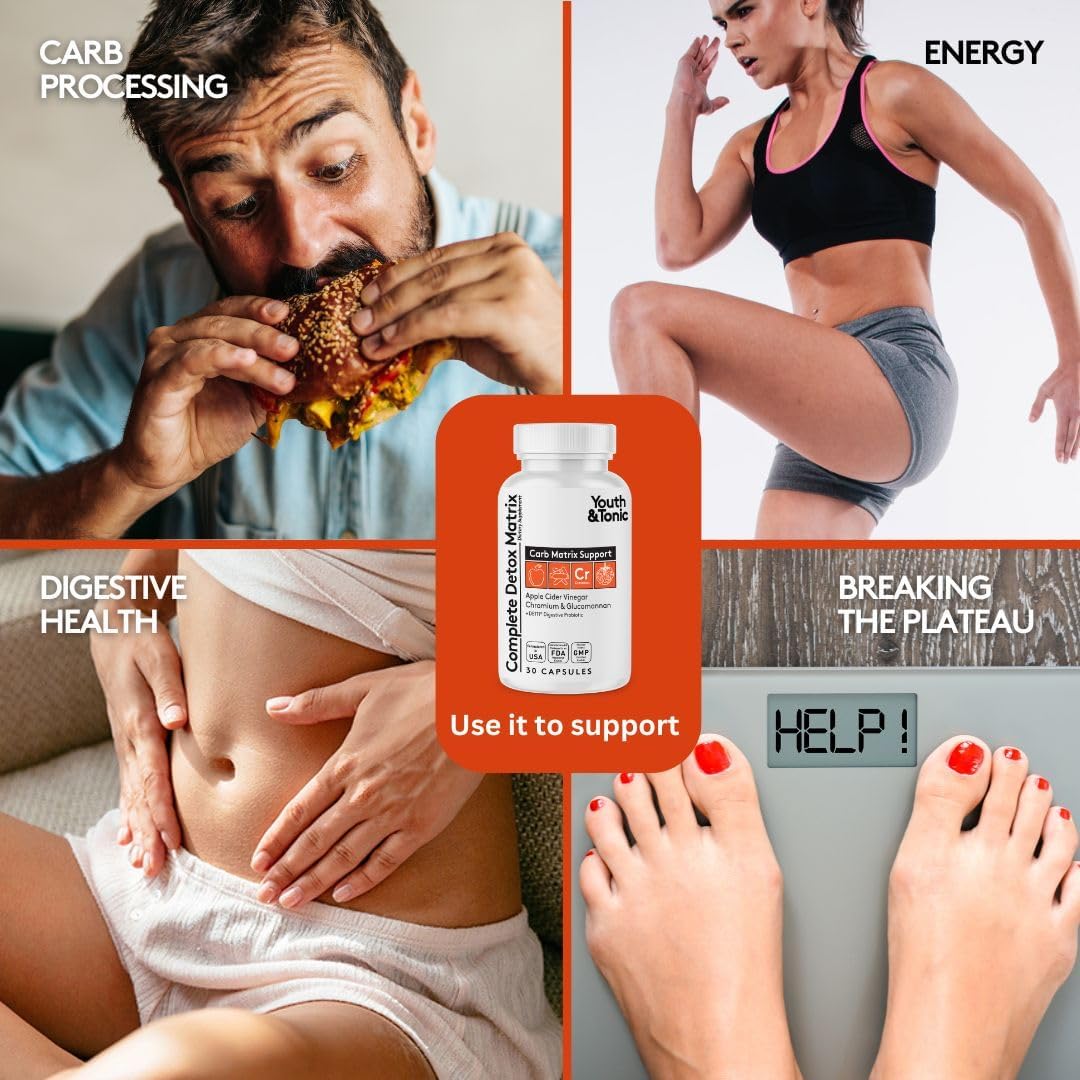 Youth & Tonic Detox Pills: Gut Cleanse & Carb Support with ACV, Glucomannan, Chromium - Body Detox & Digestive Health Supplement for Men & Women