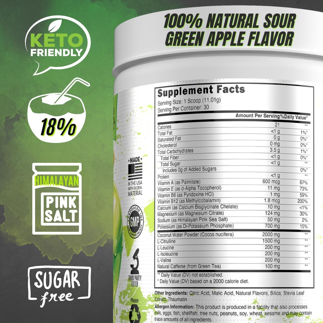 Youthful Athlete Electrolytes Powder with Coconut Water & BCAAs - Zero Sugar Hydration Powder with Green Tea Energy Boost - Ultima Electrolytes