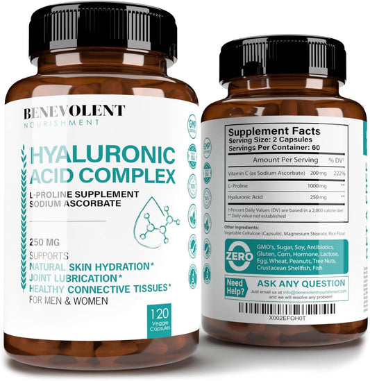 Youthful Skin & Joint Health Hyaluronic Acid Capsules with Vitamin C - 120 Capsules