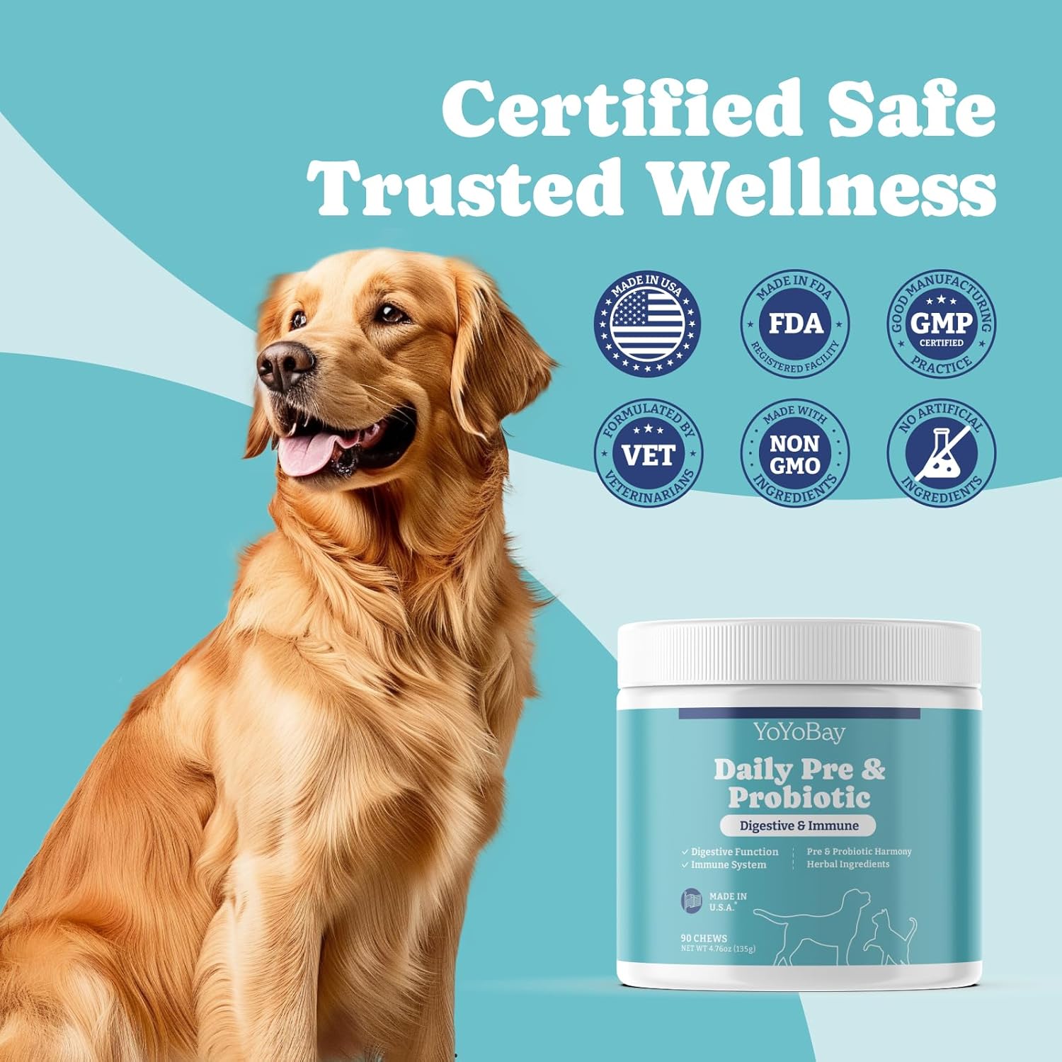 YoYoBay Duck Flavored Probiotics for Dogs, 90 Count - Supports Gut Health, Digestion, Immune System, and Skin & Coat Health
