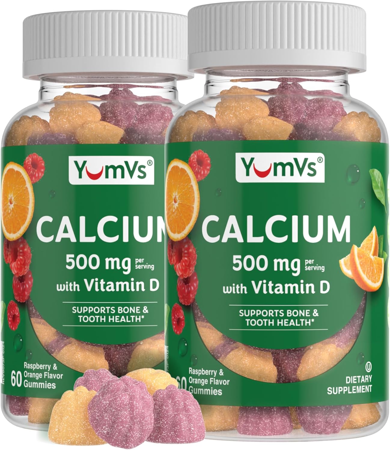 YUM-V'S Calcium 500mg with Vitamin D3 Gummies - Raspberry & Orange Flavor - Chewable Supplement for Kids & Adults - 120 Count