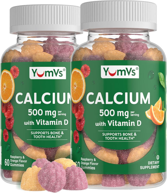 YUM-V'S Calcium 500mg with Vitamin D3 Gummies - Raspberry & Orange Flavor - Chewable Supplement for Kids & Adults - 120 Count