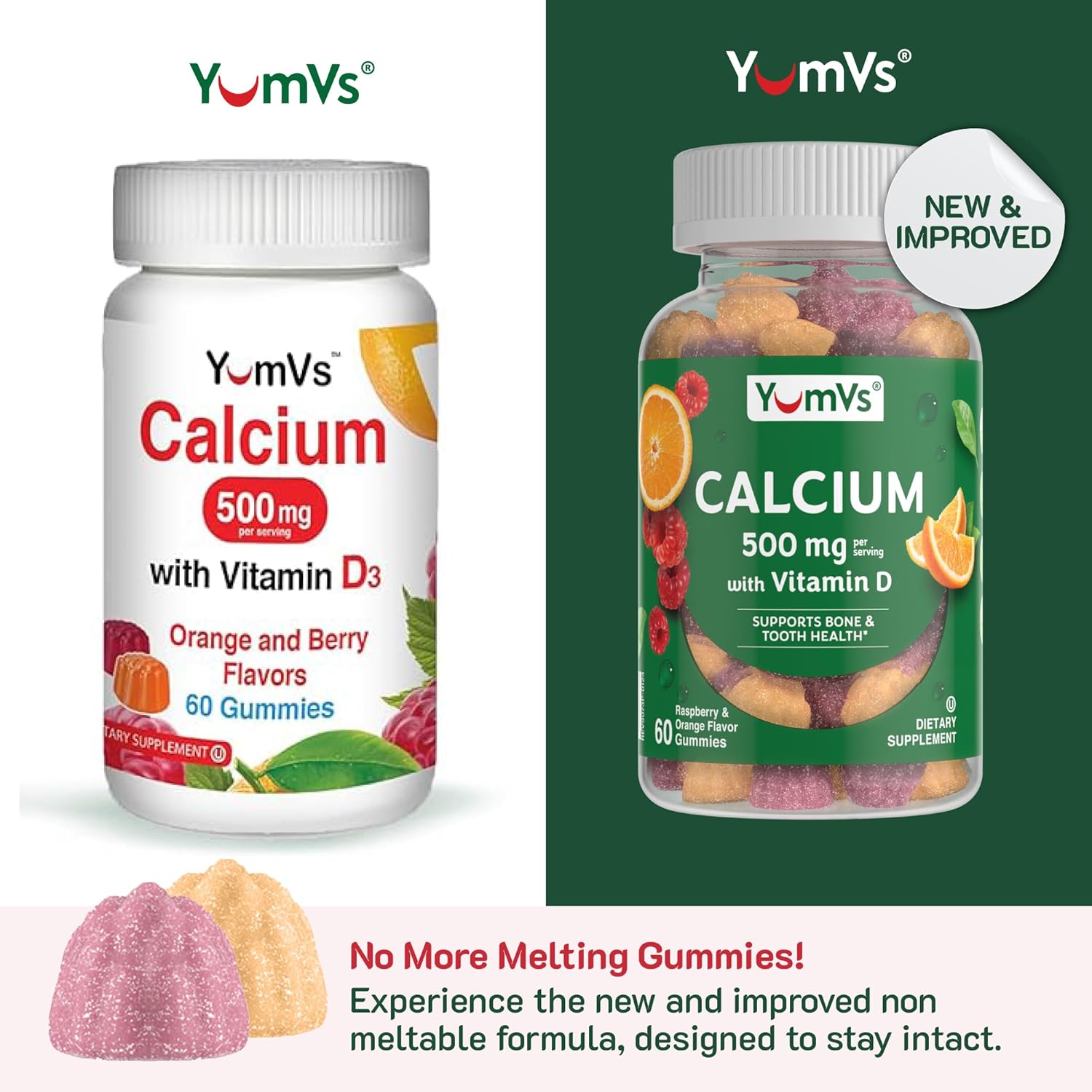 YUM-V'S Calcium 500mg with Vitamin D3 Gummies - Raspberry & Orange Flavor - Chewable Supplement for Kids & Adults - 120 Count