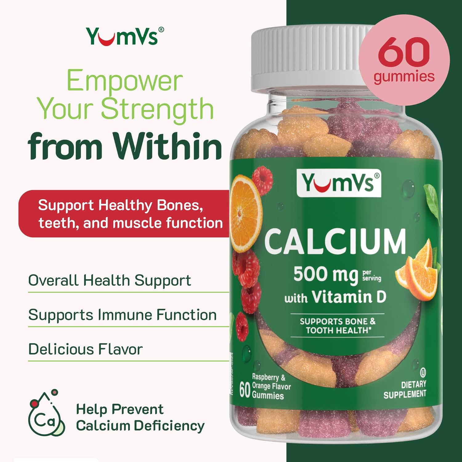 YUM-V'S Calcium 500mg with Vitamin D3 Gummies - Raspberry & Orange Flavor - Chewable Supplement for Kids & Adults - 120 Count