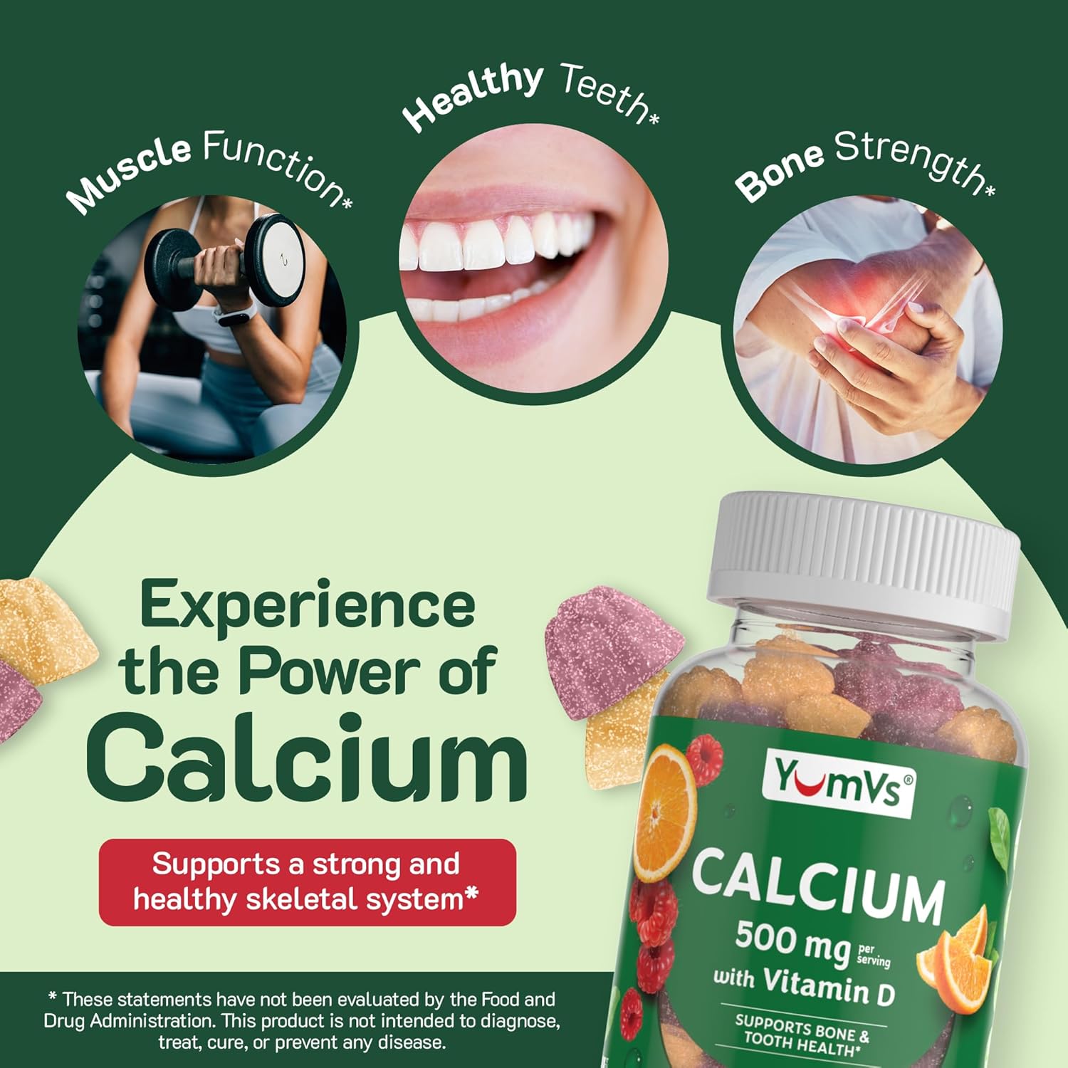 YUM-V'S Calcium 500mg with Vitamin D3 Gummies - Raspberry & Orange Flavor - Chewable Supplement for Kids & Adults - 120 Count