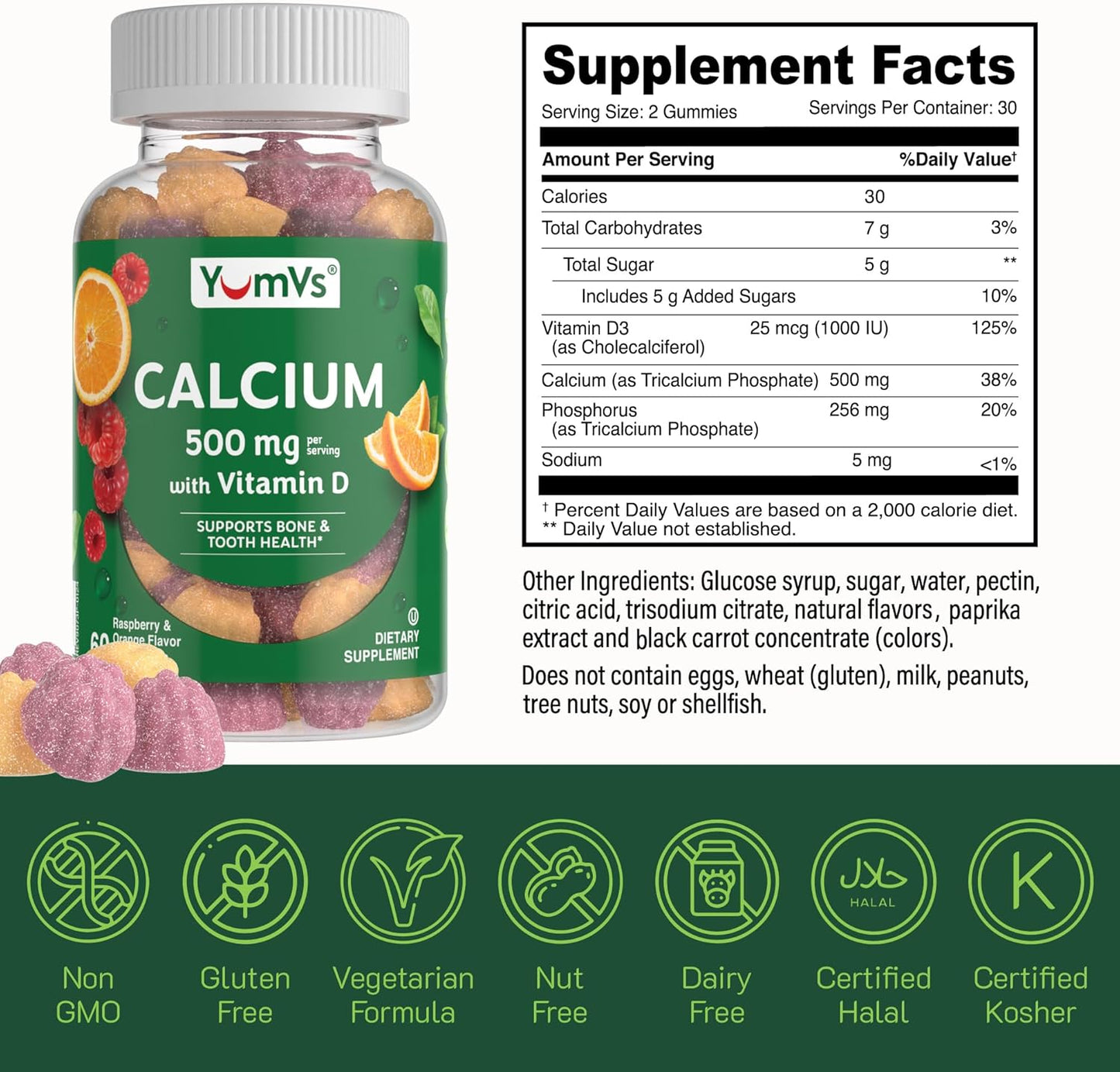 YUM-V'S Calcium 500mg with Vitamin D3 Gummies - Raspberry & Orange Flavor - Chewable Supplement for Kids & Adults - 120 Count