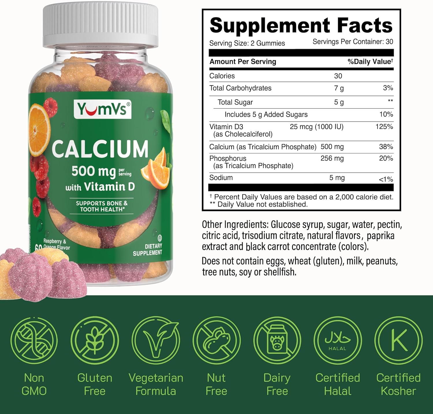 YUM-V'S Calcium 500mg with Vitamin D3 Gummies - Raspberry & Orange Flavor - Chewable Supplement for Kids & Adults - 120 Count
