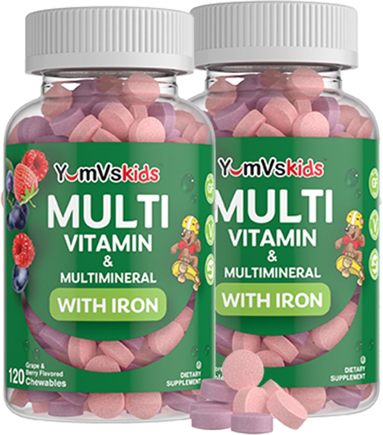 YUM-V'S Complete Kids Multivitamin with Iron - Chewable Kids Vitamins - Toddler Multivitamin Supplement - Kosher, Halal, Gluten Free - 120 Count 2 Pack - Ages 2+