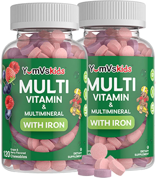 YUM-V'S Complete Kids Multivitamin with Iron - Chewable Kids Vitamins - Toddler Multivitamin Supplement - Kosher, Halal, Gluten Free - 120 Count 2 Pack - Ages 2+