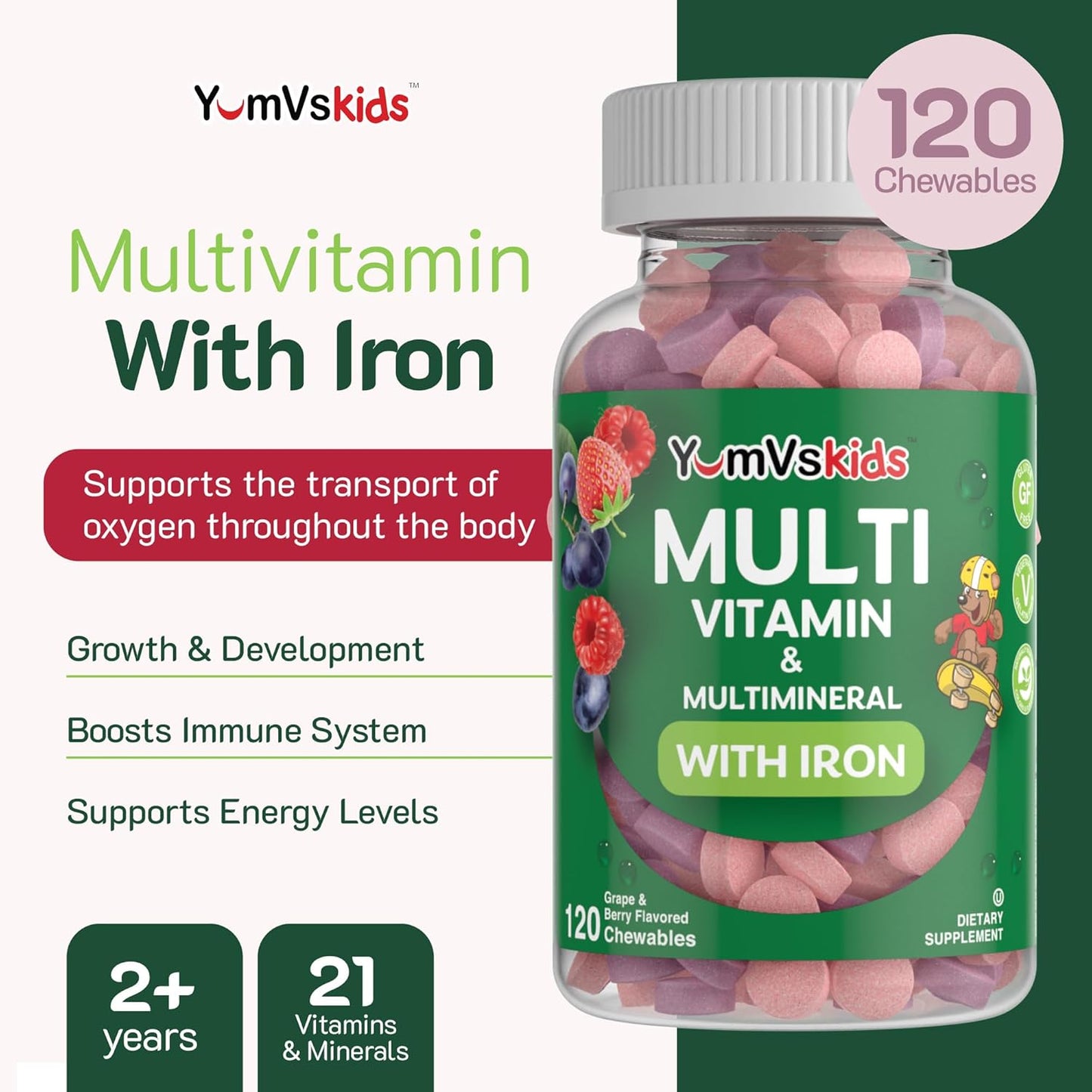 YUM-V'S Complete Kids Multivitamin with Iron - Chewable Kids Vitamins - Toddler Multivitamin Supplement - Kosher, Halal, Gluten Free - 120 Count 2 Pack - Ages 2+