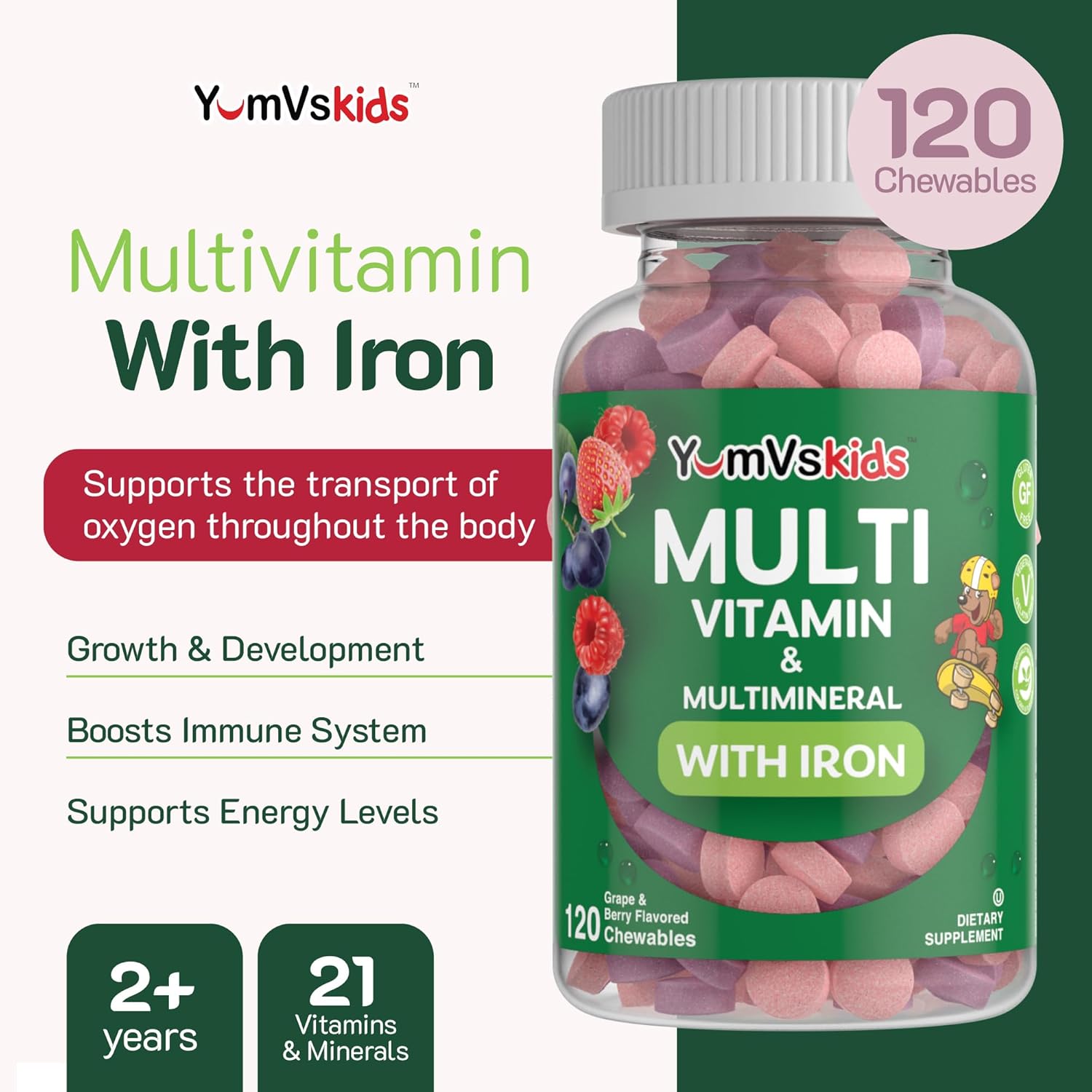 YUM-V'S Complete Kids Multivitamin with Iron - Chewable Kids Vitamins - Toddler Multivitamin Supplement - Kosher, Halal, Gluten Free - 120 Count 2 Pack - Ages 2+