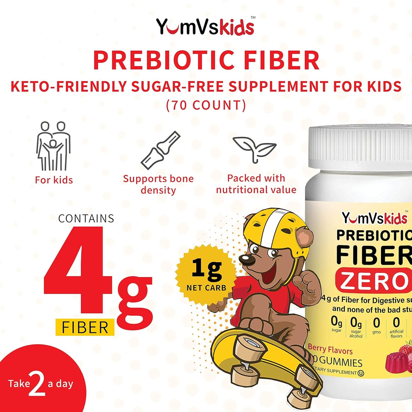 YUM-V'S Kids Prebiotic Fiber Gummies - Sugar-Free Keto Chewables for Toddlers - Constipation Support with 4g Fiber - Natural Berry Flavor - 70 Count