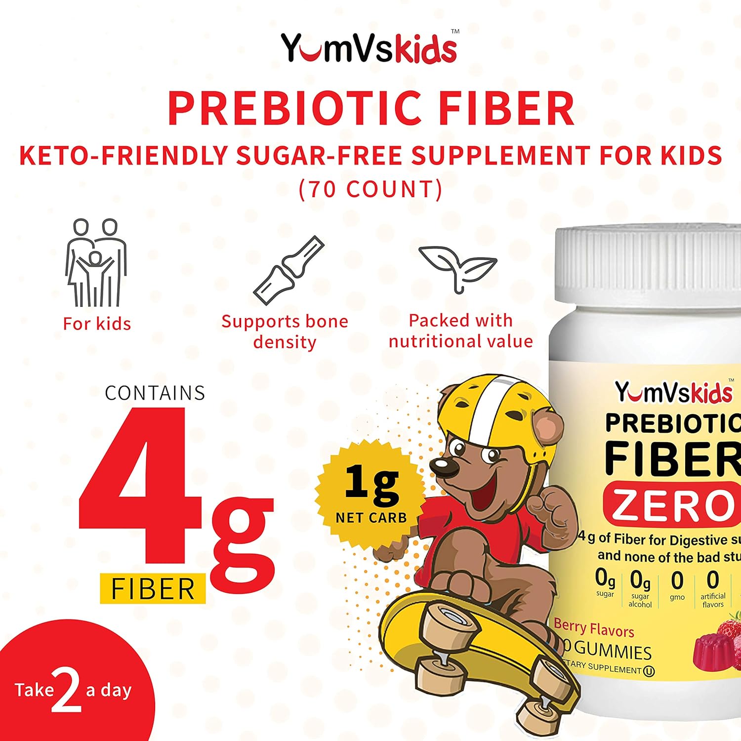 YUM-V'S Kids Prebiotic Fiber Gummies - Sugar-Free Keto Chewables for Toddlers - Constipation Support with 4g Fiber - Natural Berry Flavor - 70 Count
