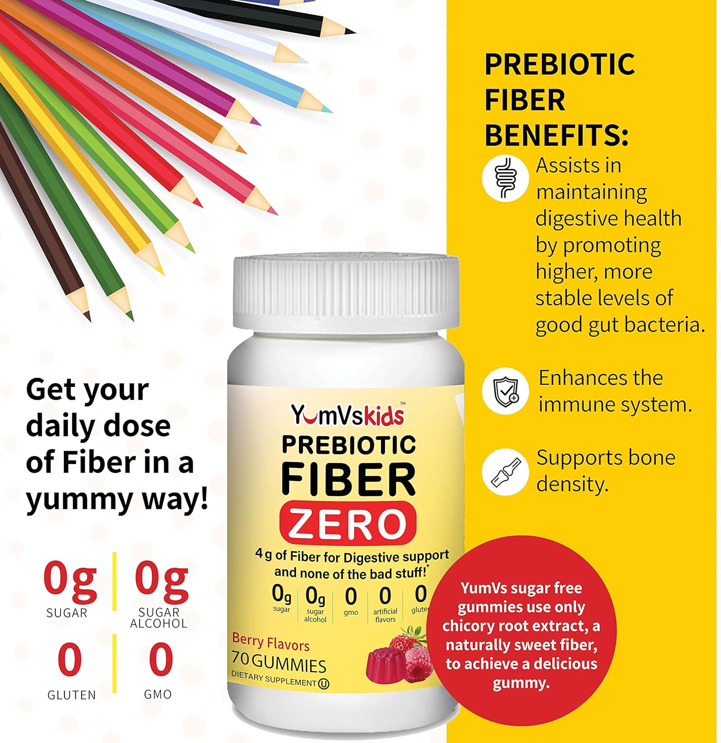 YUM-V'S Kids Prebiotic Fiber Gummies - Sugar-Free Keto Chewables for Toddlers - Constipation Support with 4g Fiber - Natural Berry Flavor - 70 Count