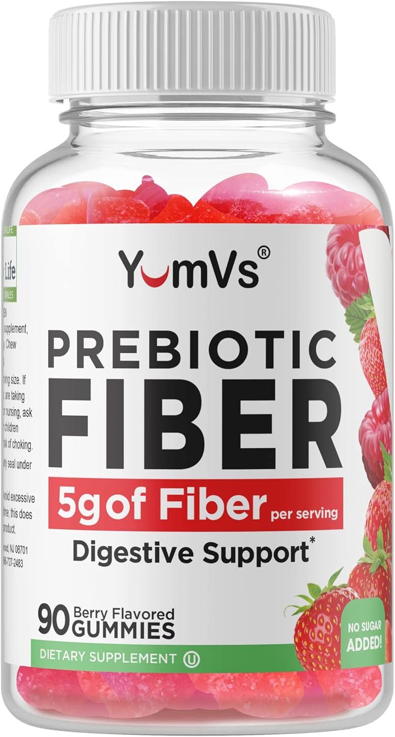 YUM-V'S Prebiotic Fiber Gummies - 5g Digestive Aid Supplement - Keto Friendly for Adults & Kids - No Sugar Added - 90 Count