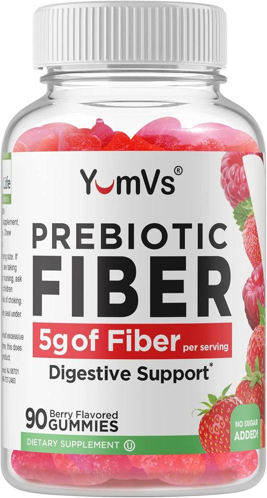 YUM-V'S Prebiotic Fiber Gummies - 5g Digestive Aid Supplement - Keto Friendly for Adults & Kids - No Sugar Added - 90 Count