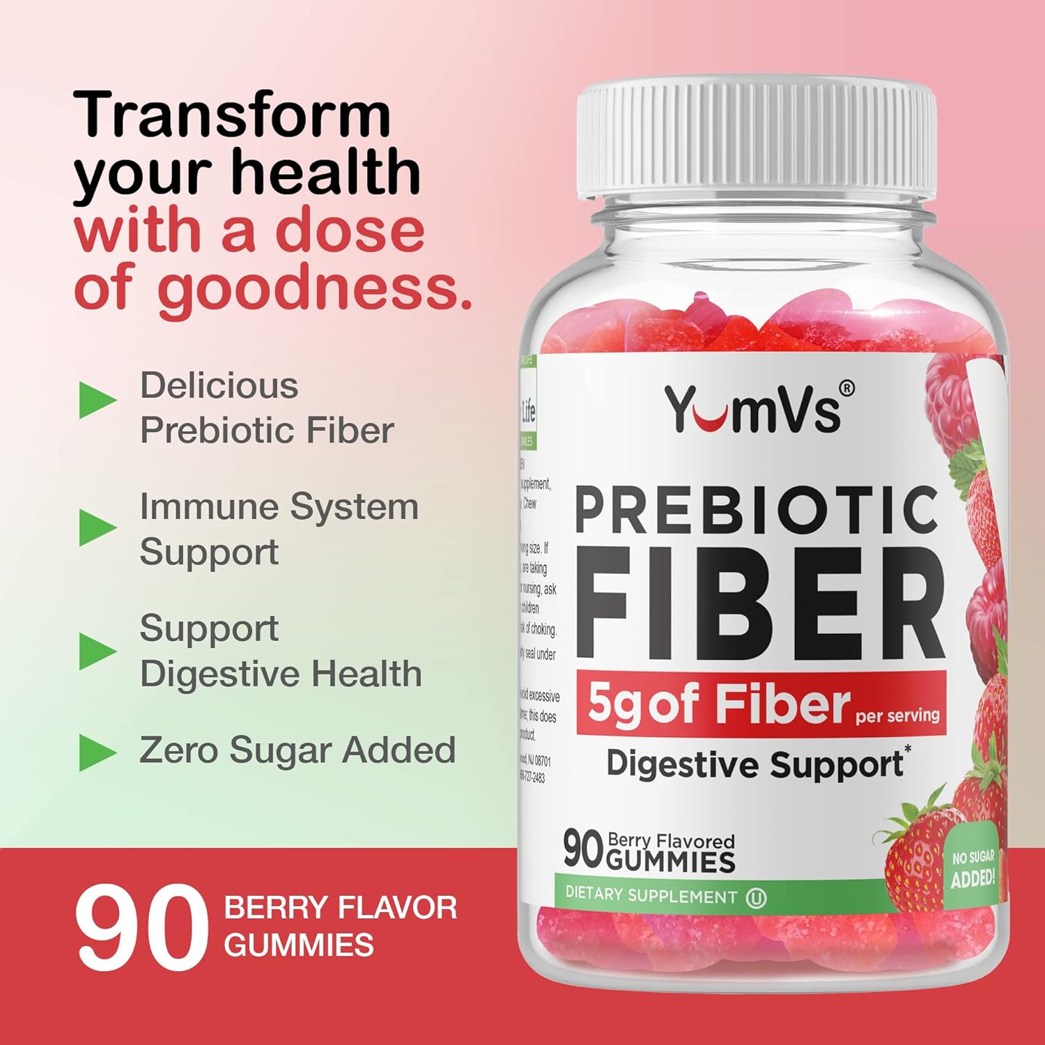 YUM-V'S Prebiotic Fiber Gummies - 5g Digestive Aid Supplement - Keto Friendly for Adults & Kids - No Sugar Added - 90 Count