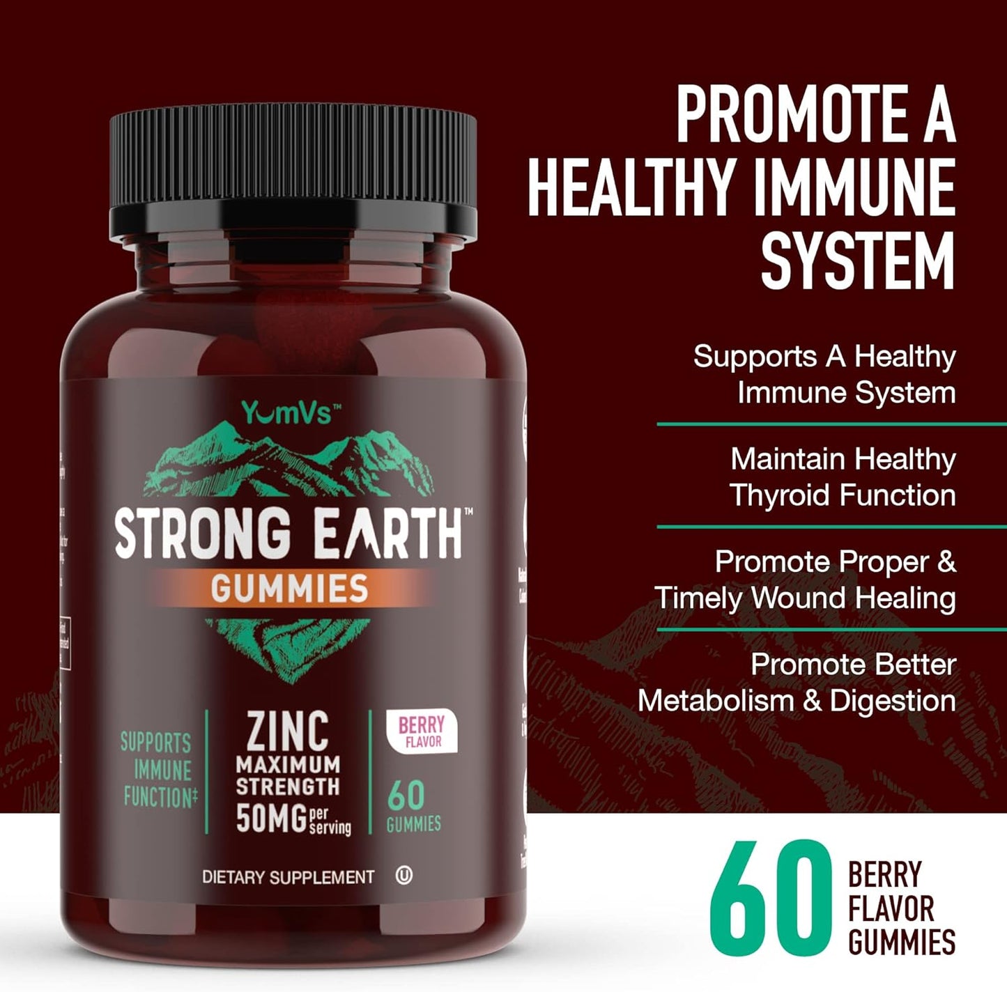 YUM-V'S Strong Earth 50mg Zinc Gummies - Immune Support for Kids & Adults - Antioxidant Supplement - Natural Flavor - 60 Count