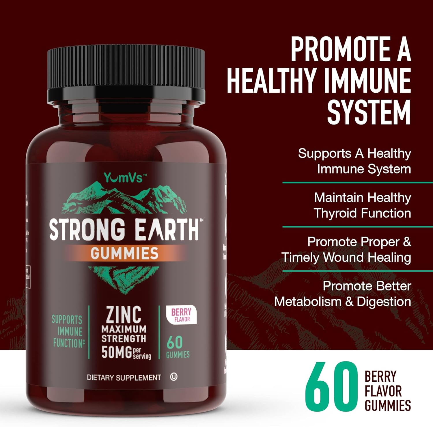 YUM-V'S Strong Earth 50mg Zinc Gummies - Immune Support for Kids & Adults - Antioxidant Supplement - Natural Flavor - 60 Count