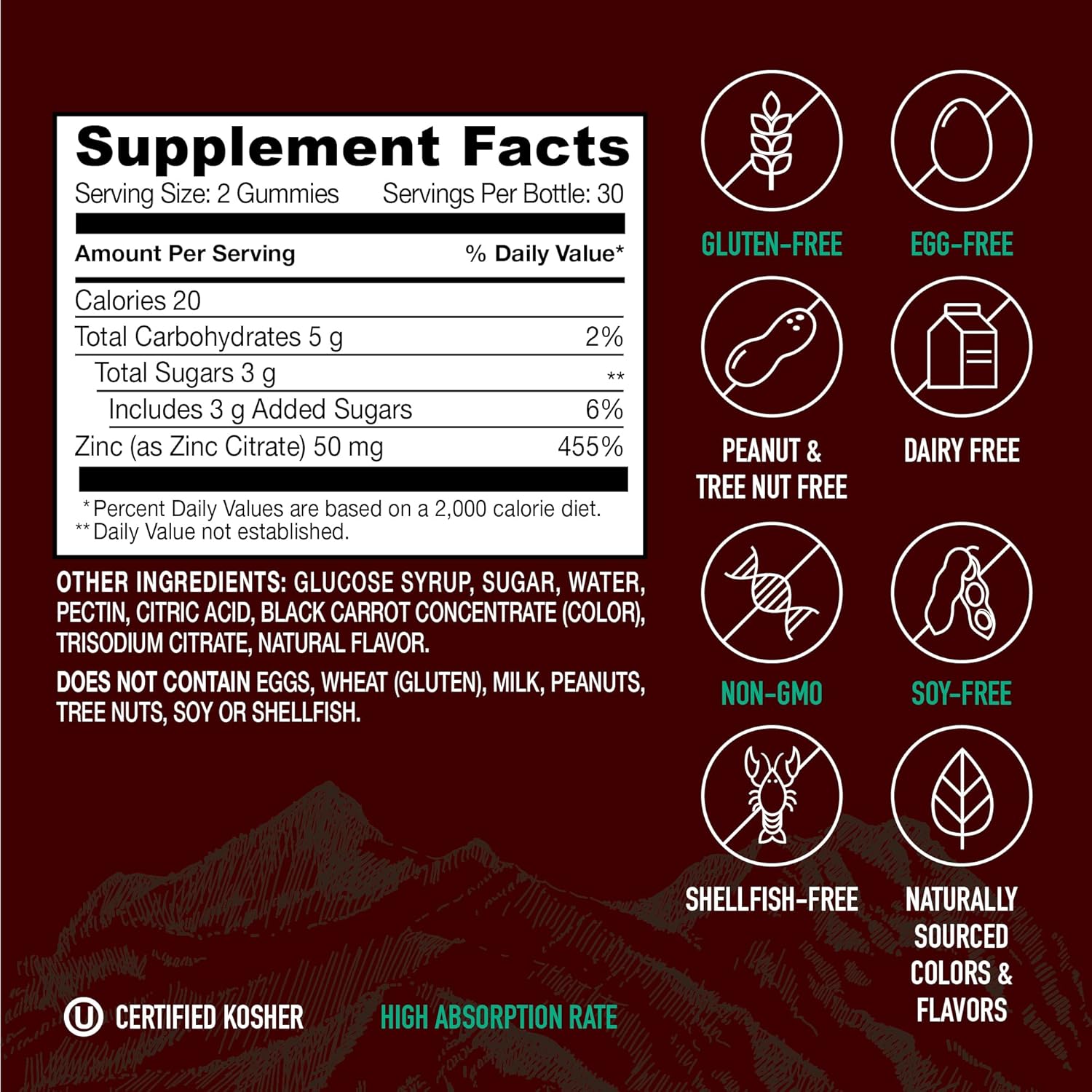 YUM-V'S Strong Earth 50mg Zinc Gummies - Immune Support for Kids & Adults - Antioxidant Supplement - Natural Flavor - 60 Count