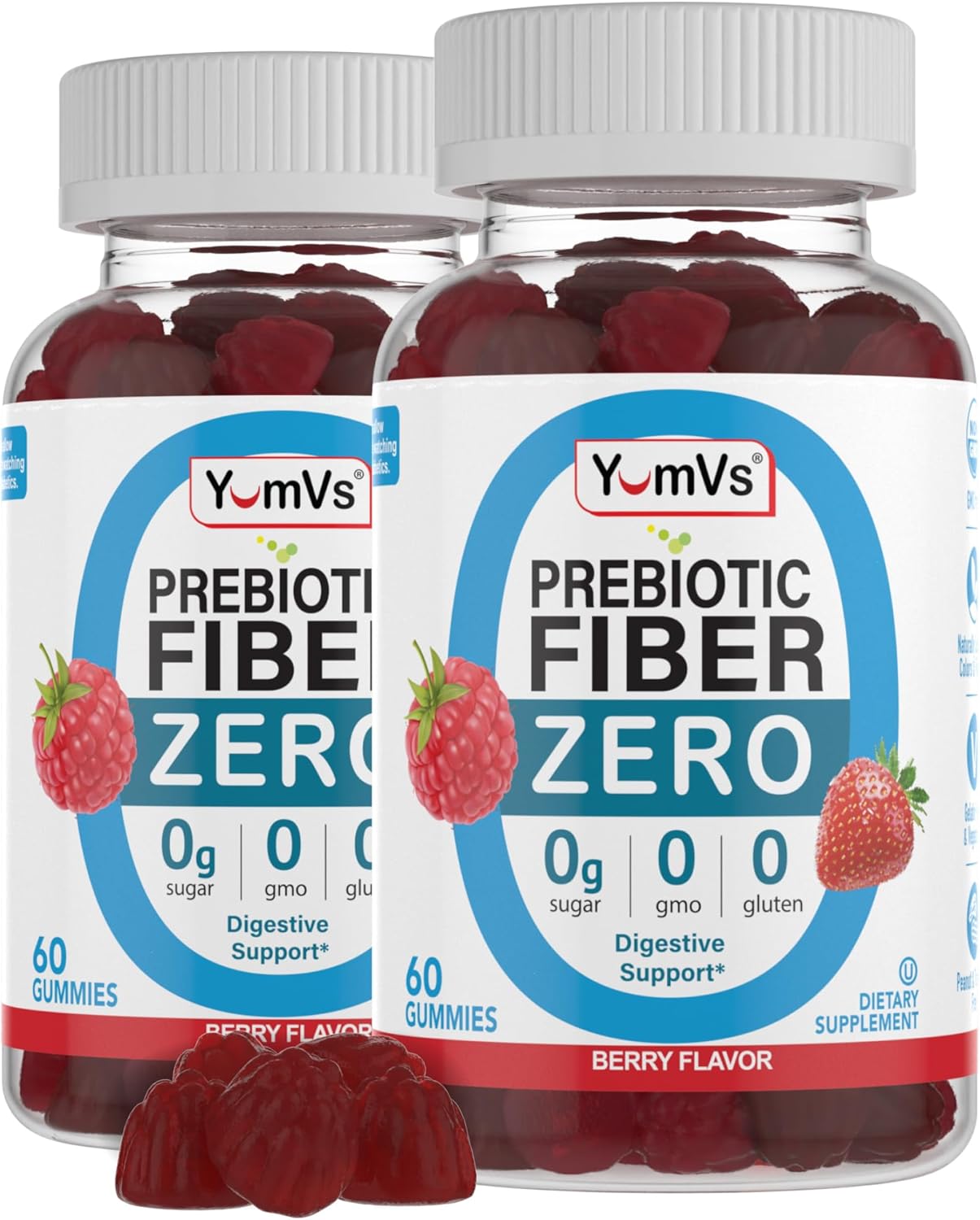 YUM-V'S Sugar-Free Prebiotic Fiber Gummies - Berry Flavor - Kosher Halal High Fiber Supplement - 60 Count (2PK)