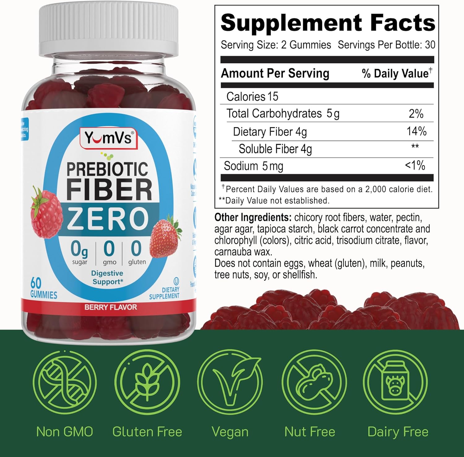 YUM-V'S Sugar-Free Prebiotic Fiber Gummies - Berry Flavor - Kosher Halal High Fiber Supplement - 60 Count (2PK)