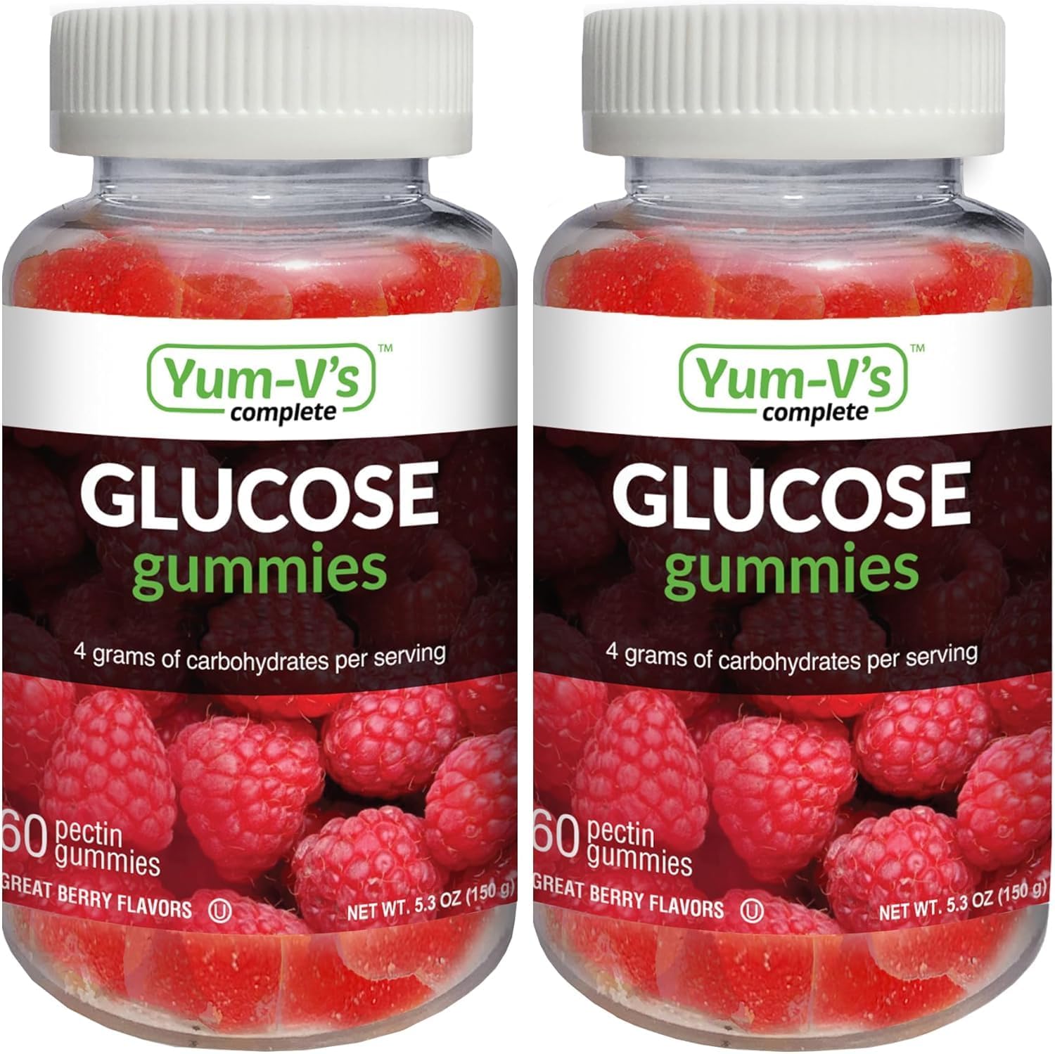 YUM-V'S YumVs Complete Glucose Gummies, Fruit Flavors, 60 Ct Pack of 2 - Chewable Nutritional Supplement for Men and Women, Gluten Free, Vegan, Kosher, Halal - Raspberry