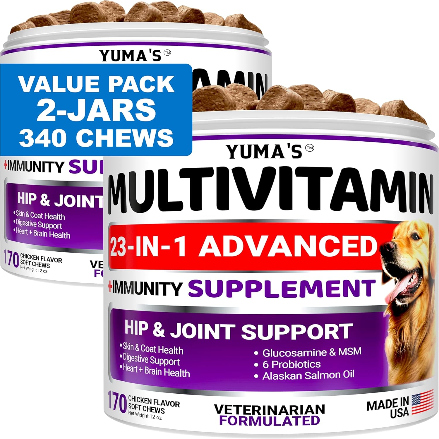 YUMA Dog Multivitamin Chewables 2-Pack with Glucosamine - Senior & Puppy Vitamins for Hip & Joint Support, Immune Health, Skin & Heart - Digestion & Probiotics included