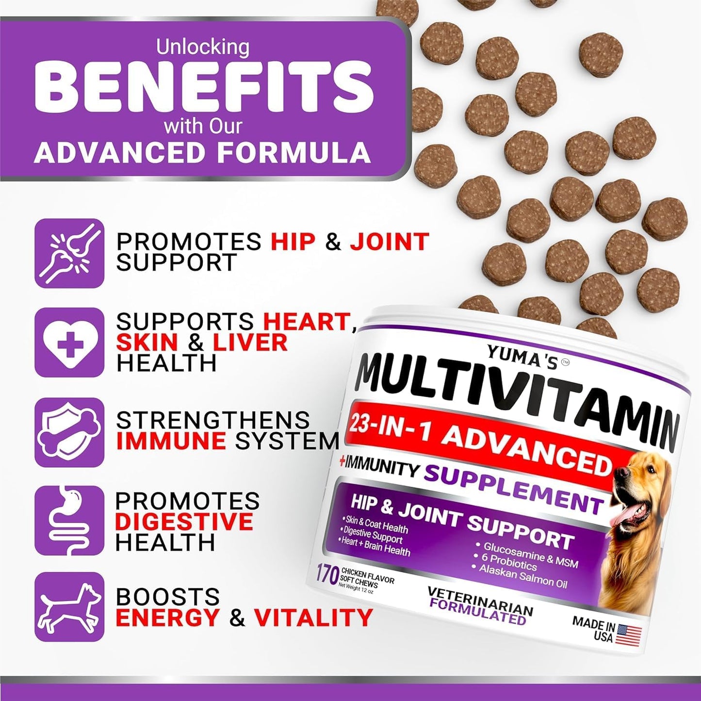 YUMA Dog Multivitamin Chewables 2-Pack with Glucosamine - Senior & Puppy Vitamins for Hip & Joint Support, Immune Health, Skin & Heart - Digestion & Probiotics included