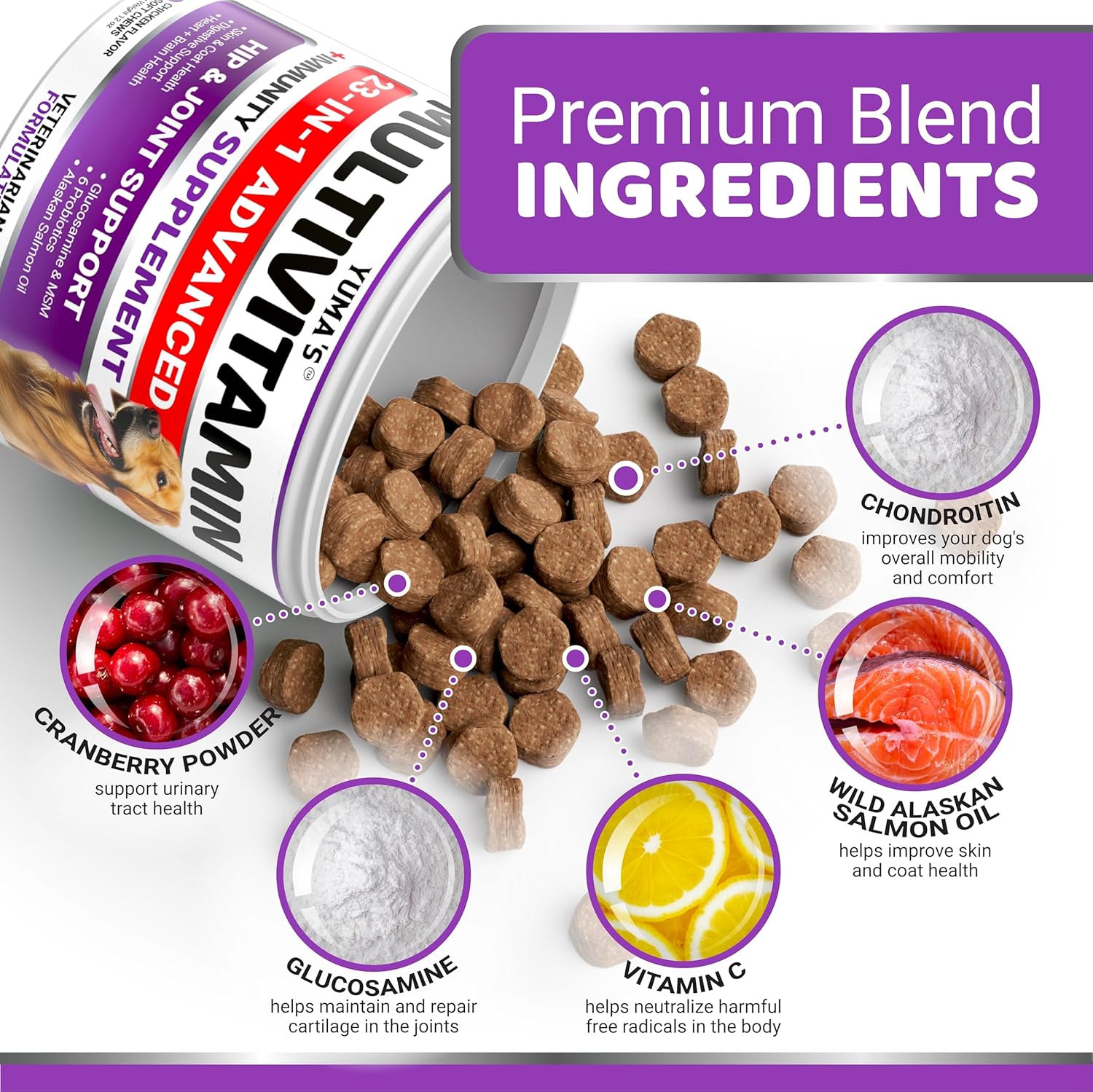 YUMA'S Dog Multivitamin Chewable with Glucosamine - 170 Treats - Senior & Puppy Vitamins - Hip & Joint Support - Immune Health, Skin, Heart, Digestion, Probiotics