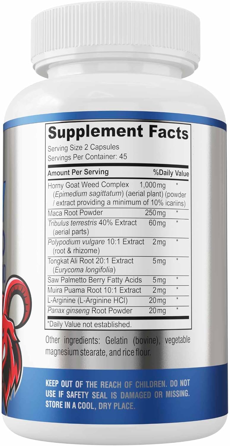 YUMMYVITE Horny Goat Weed Maca L-Arginine Ginseng 1590mg Extra Strength Non-GMO 90 Capsules Boost Performance Stamina Energy