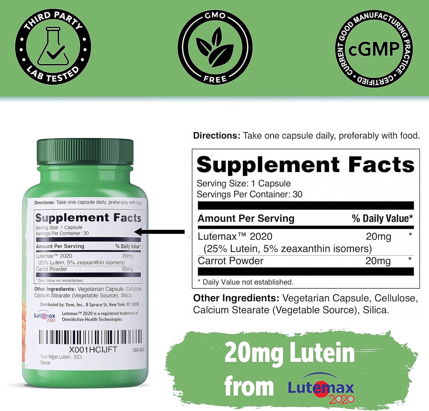 Yuve Lutein & Zeaxanthin Eye Health Supplement - Supports Dry Eyes, Fatigue & Vision Clarity - 30 Vegan Capsules