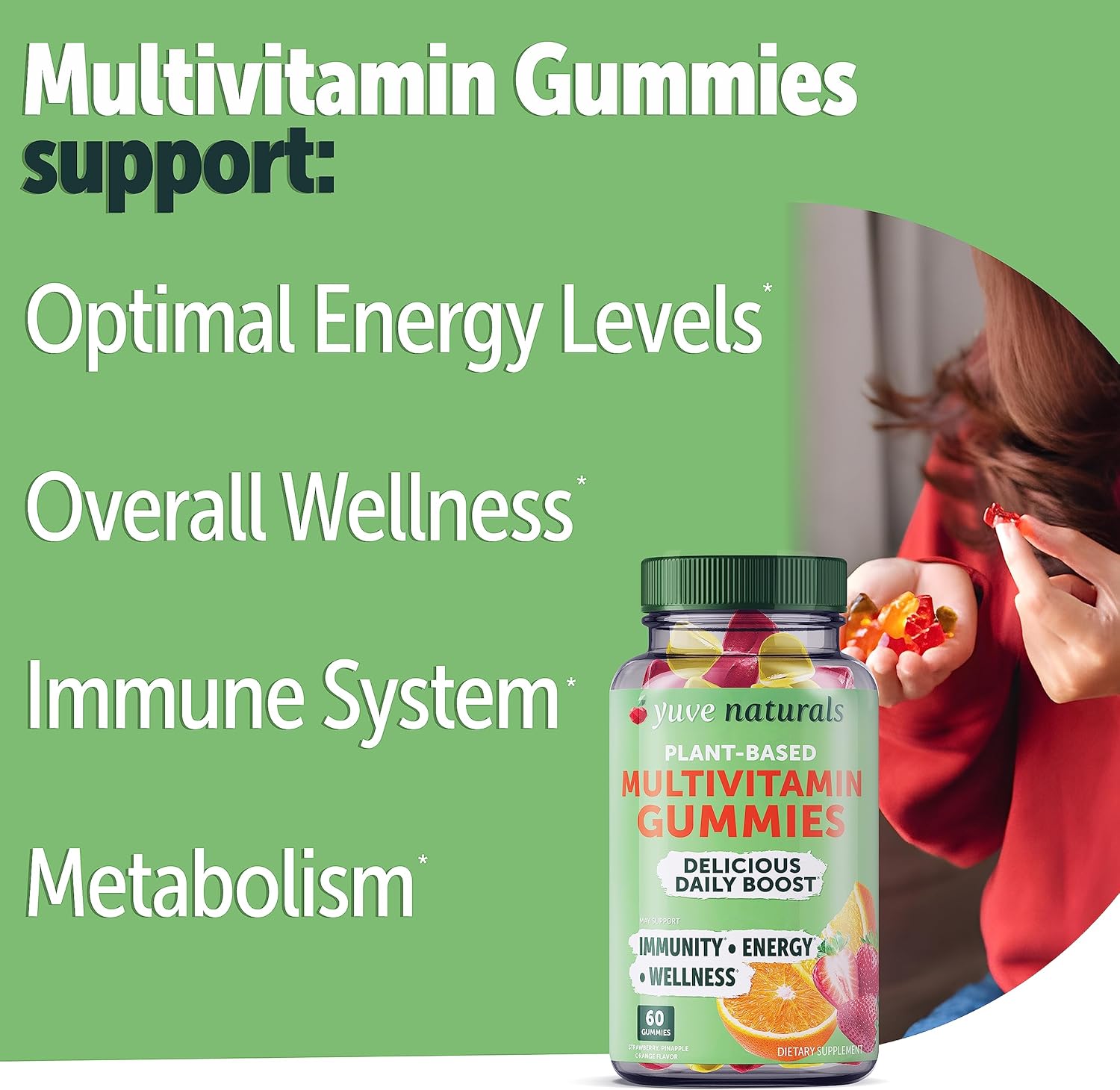 Yuve Vegan Multivitamin Gummies for Daily Energy, Strength, and Immunity - Vitamin A, C, B3, B6, B12, Biotin & Zinc - Non-GMO - 60ct