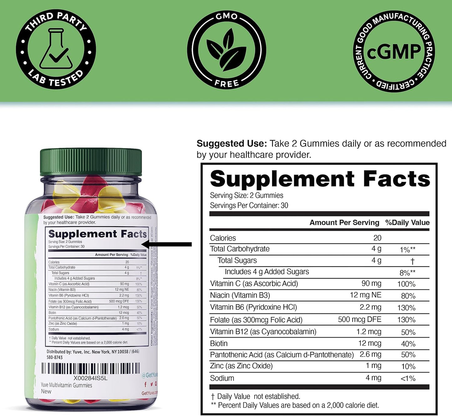 Yuve Vegan Multivitamin Gummies for Daily Energy, Strength, and Immunity - Vitamin A, C, B3, B6, B12, Biotin & Zinc - Non-GMO - 60ct
