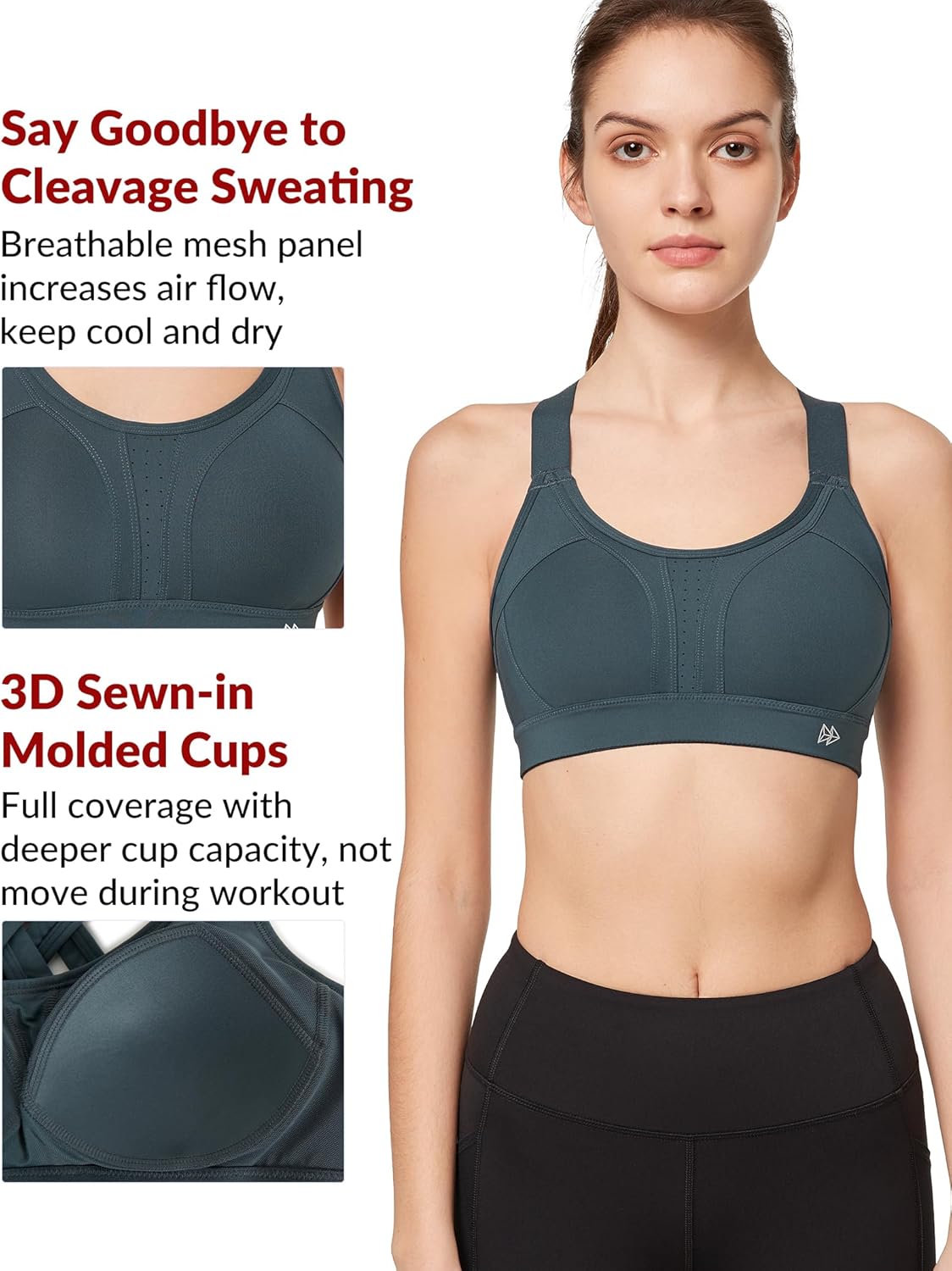 Yvette High Impact Sports Bra with Adjustable Criss Cross Back for Large Bust Support and No Bounce