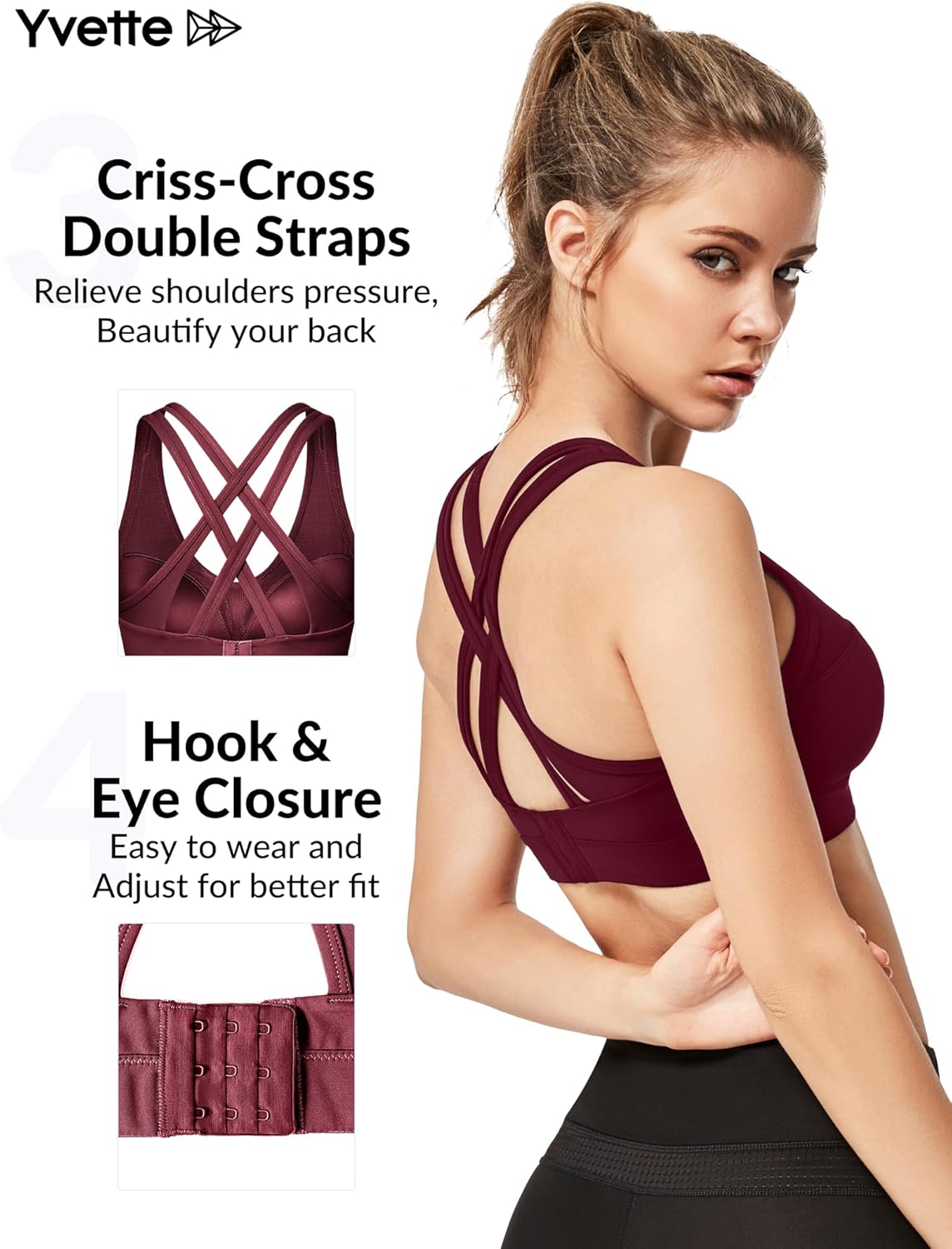 Yvette Women's Plus Size High Impact Sports Bra with Criss Cross Back for Running