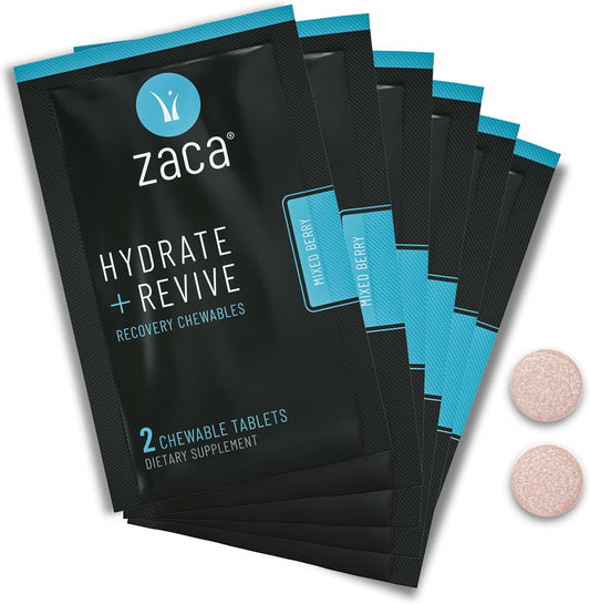 Zaca Recovery Chewable Supplement - Hydrate and Revive for Party, Travel, Exercise, and Altitude - Sugar Free, Gluten Free - Mixed Berry, 6 Packets of 12 Tablets