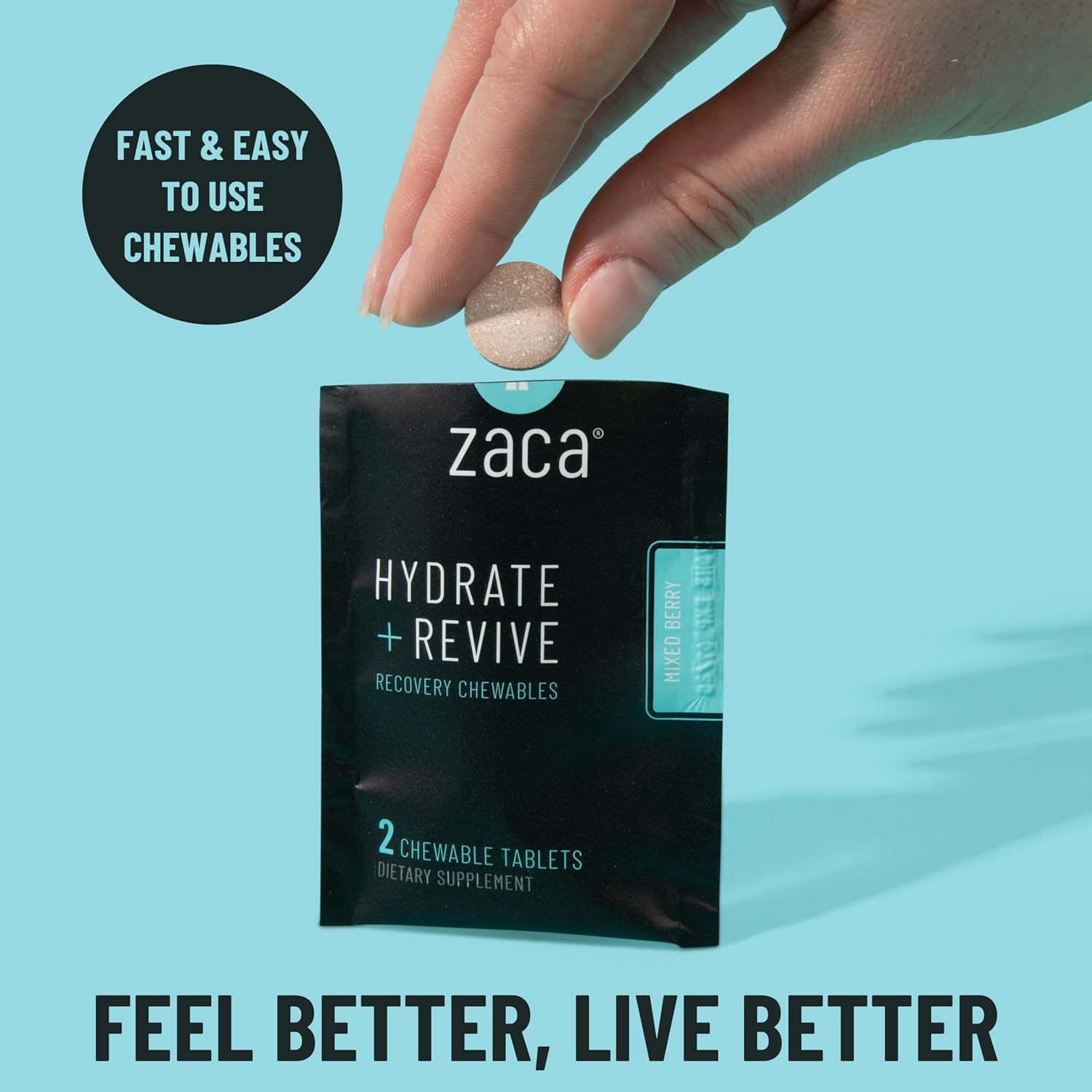 Zaca Recovery Chewable Supplement - Hydrate and Revive for Party, Travel, Exercise, and Altitude - Sugar Free, Gluten Free - Mixed Berry, 6 Packets of 12 Tablets