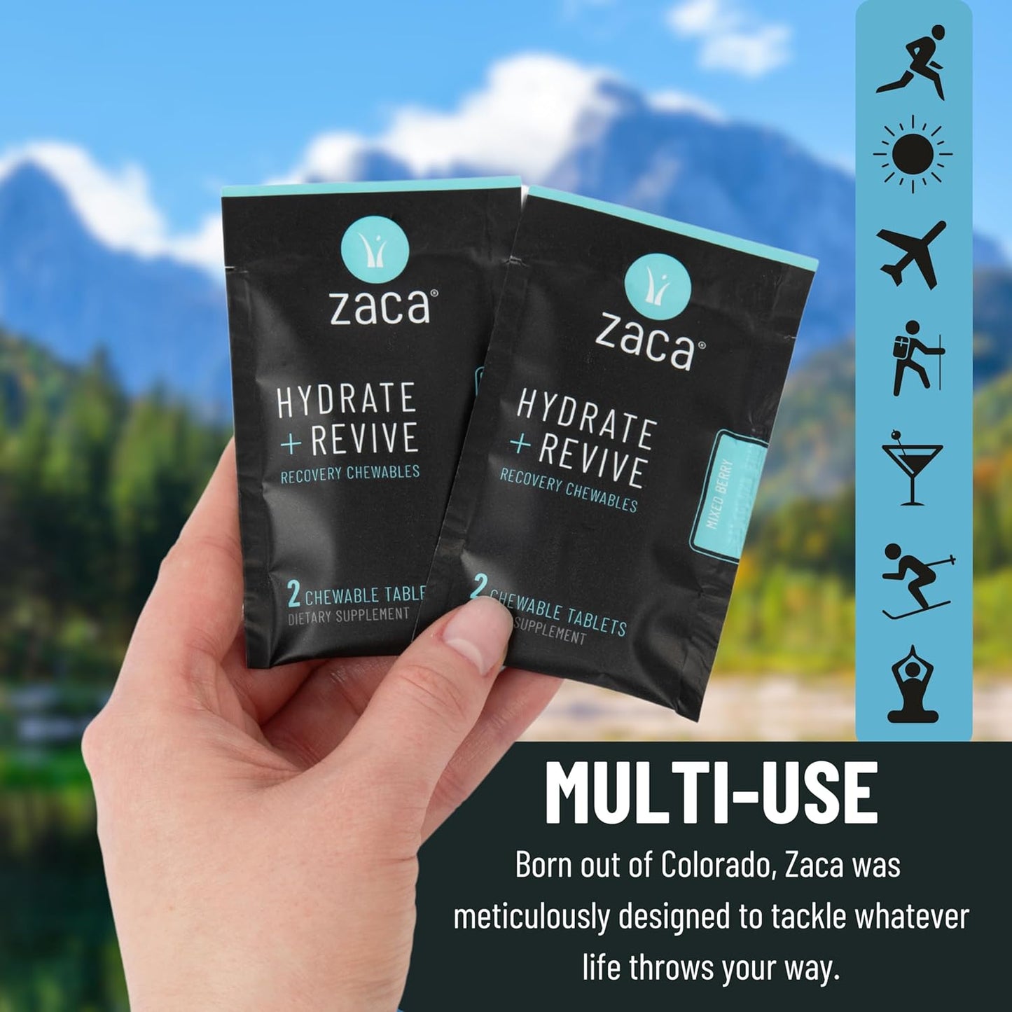 Zaca Recovery Chewable Supplement - Hydrate and Revive for Party, Travel, Exercise, and Altitude - Sugar Free, Gluten Free - Mixed Berry, 6 Packets of 12 Tablets